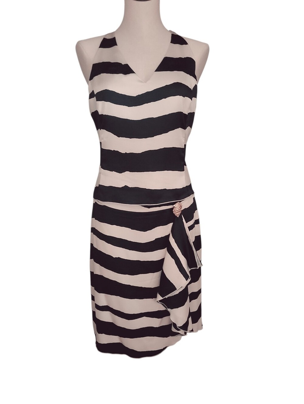 Anne Klein Dark Navy & Cream Abstract Striping Silk Top And Skirt